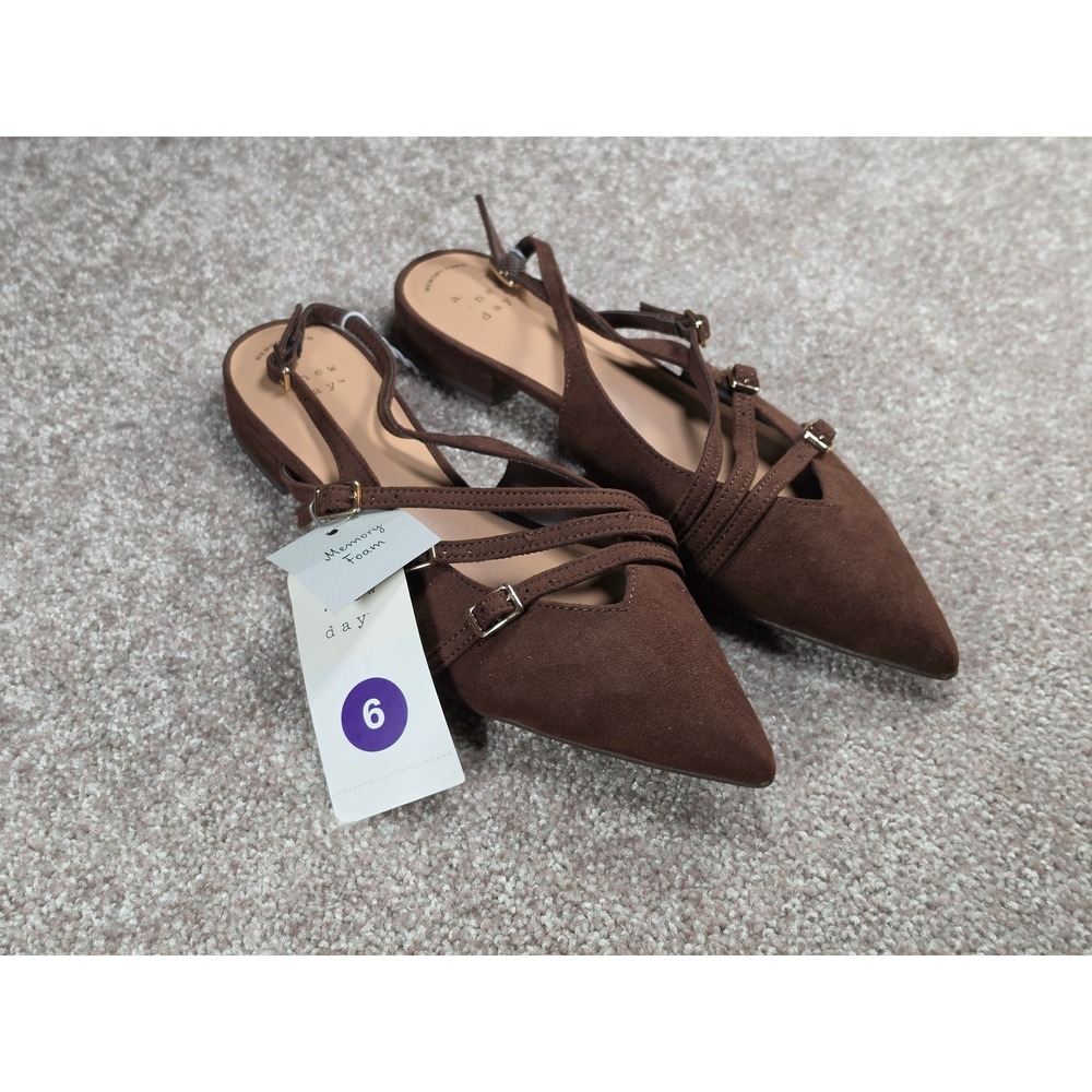 A New Day Twiggy Brown Pointed Toe Slingback Flats Memory Foam Buckle Straps 6